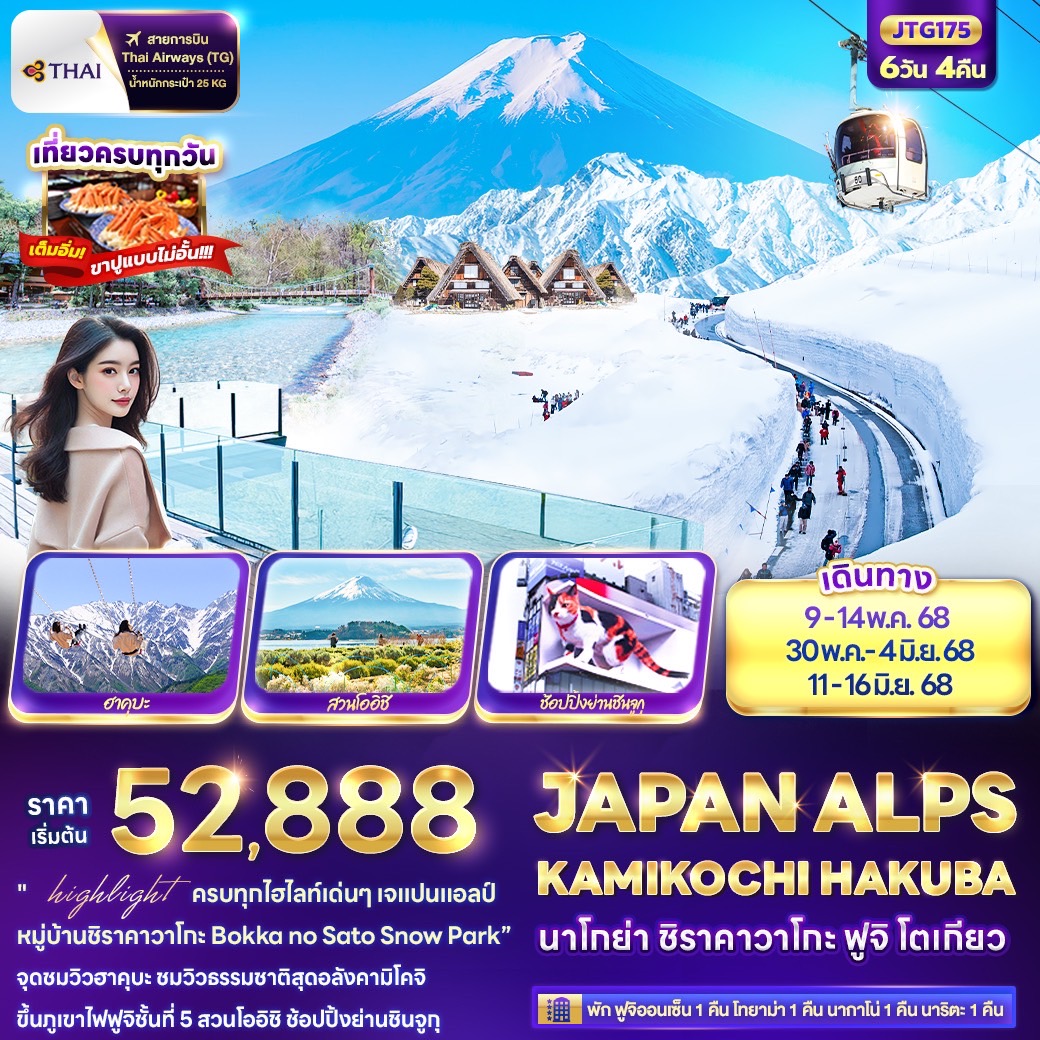 ทัวร์ญี่ปุ่น JAPAN ALPS KAMIKOCHI HAKUBA นาโกย่า ชิราคาวาโกะ ฟูจิ โตเกียว 6วัน 4คืน (TG)